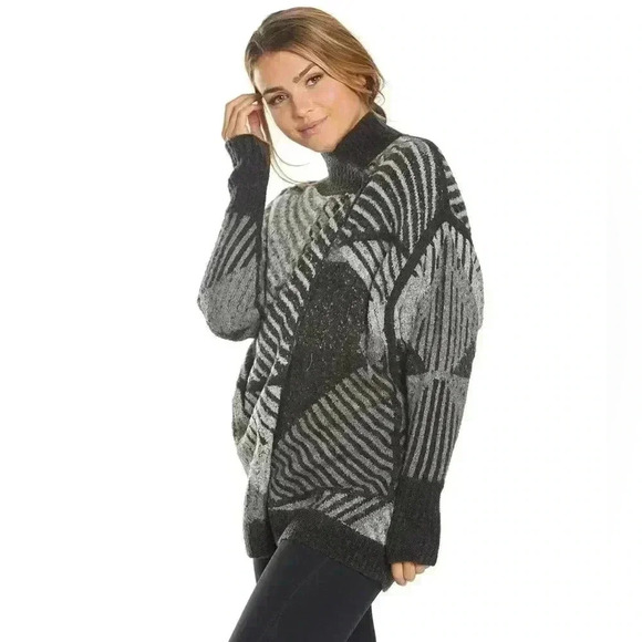 Prana Celandine Cardigan Wrap Sweater Wool Knit Grey Black Print Size Medium - Picture 3 of 16